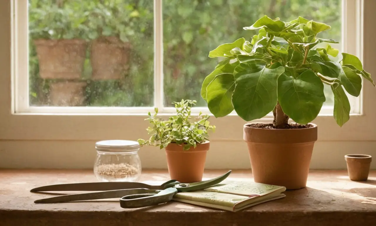 Cocina iluminada con planta y herramientas de jardinería