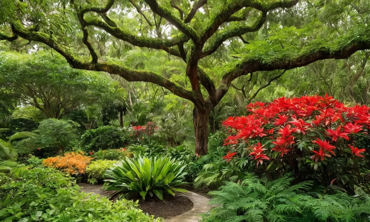 Jardín vibrante y sereno con flora exótica