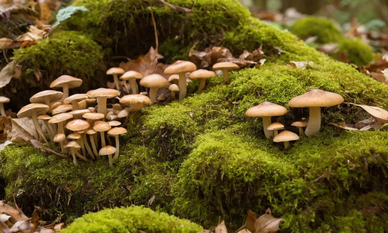 Hongos ascomicetos en un bosque iluminado