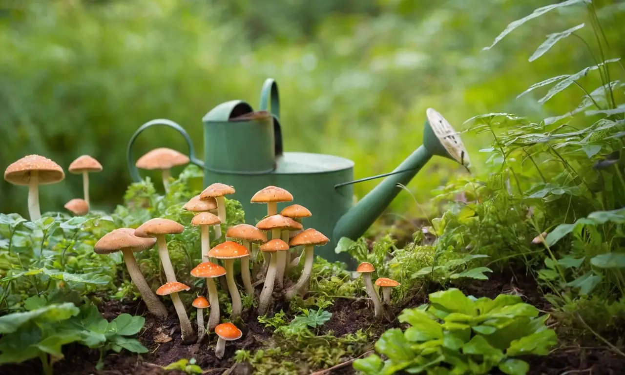 Jardín vibrante y sereno con hongos