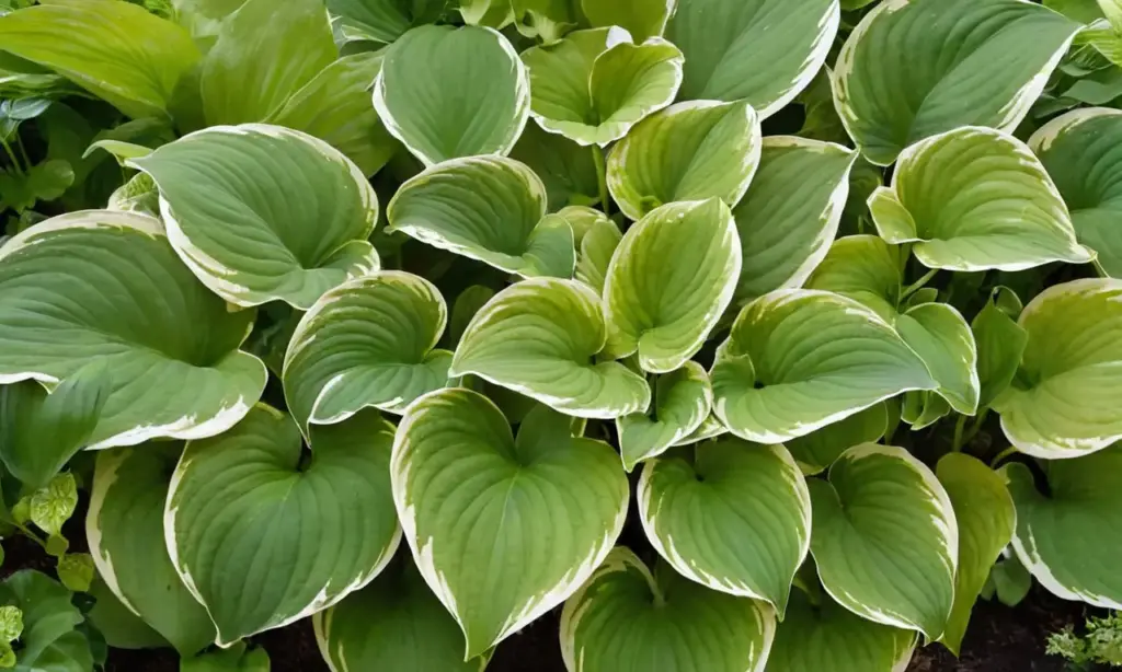 Jardín sereno con hostas y flores lilas