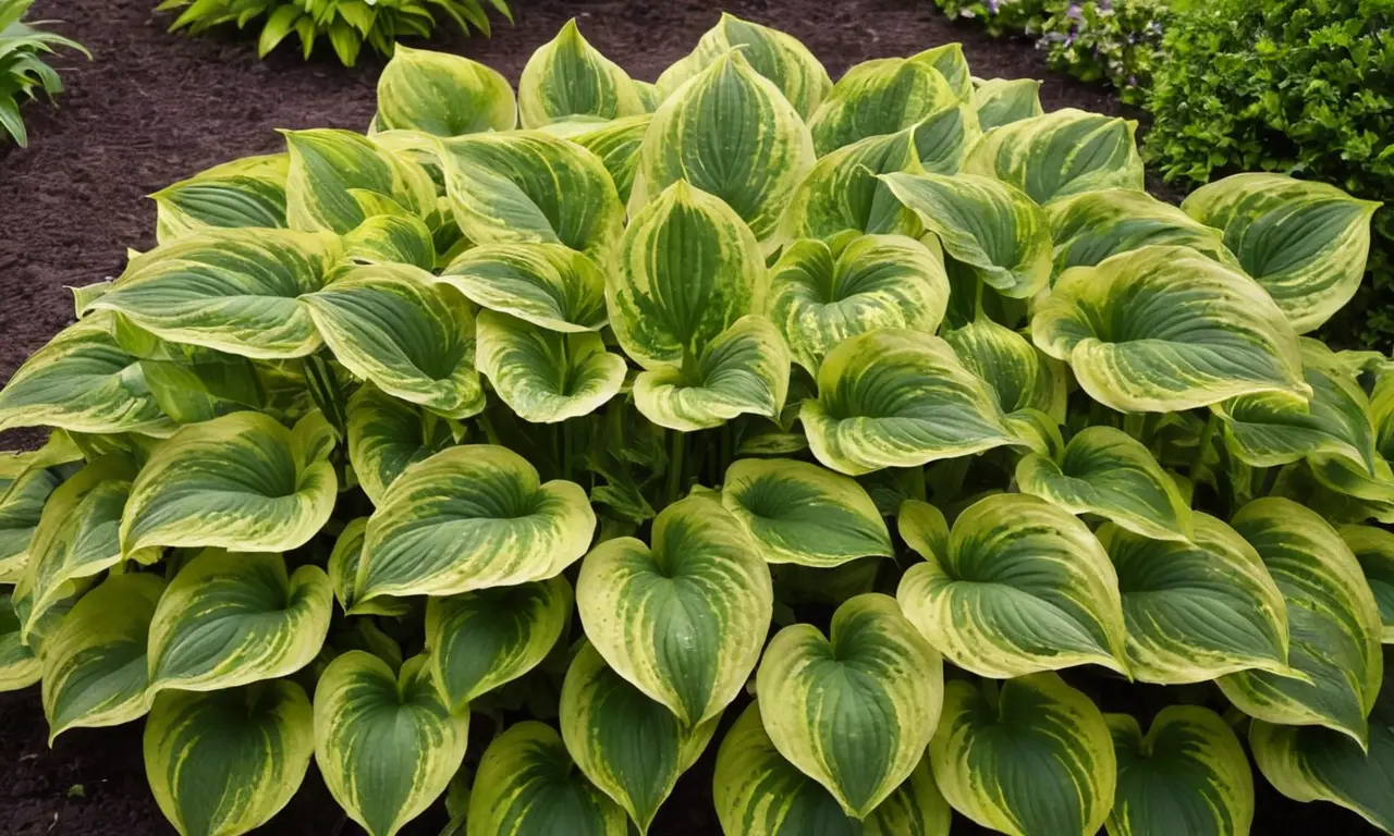 Hostas verdes y flores en armonioso jardín