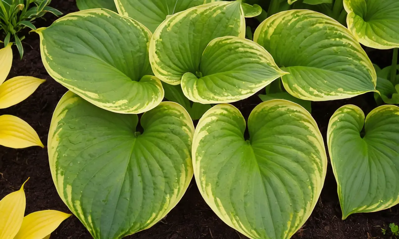 Hojas de hosta verdes con flores amarillas