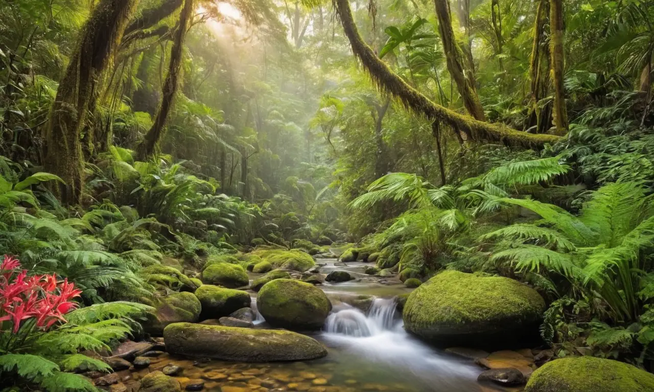 Selva vibrante con biodiversidad y luz filtrada