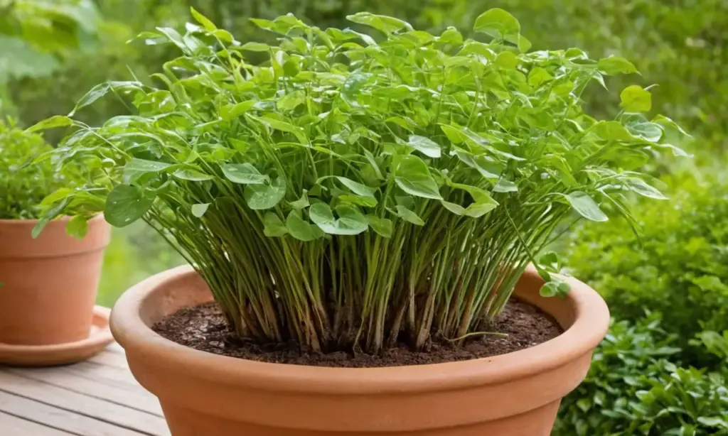 Planta en maceta terracota con luz suave