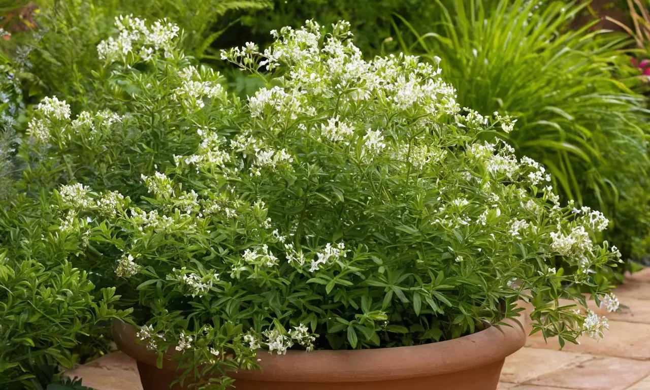 Follaje vibrante con flores blancas brillantes