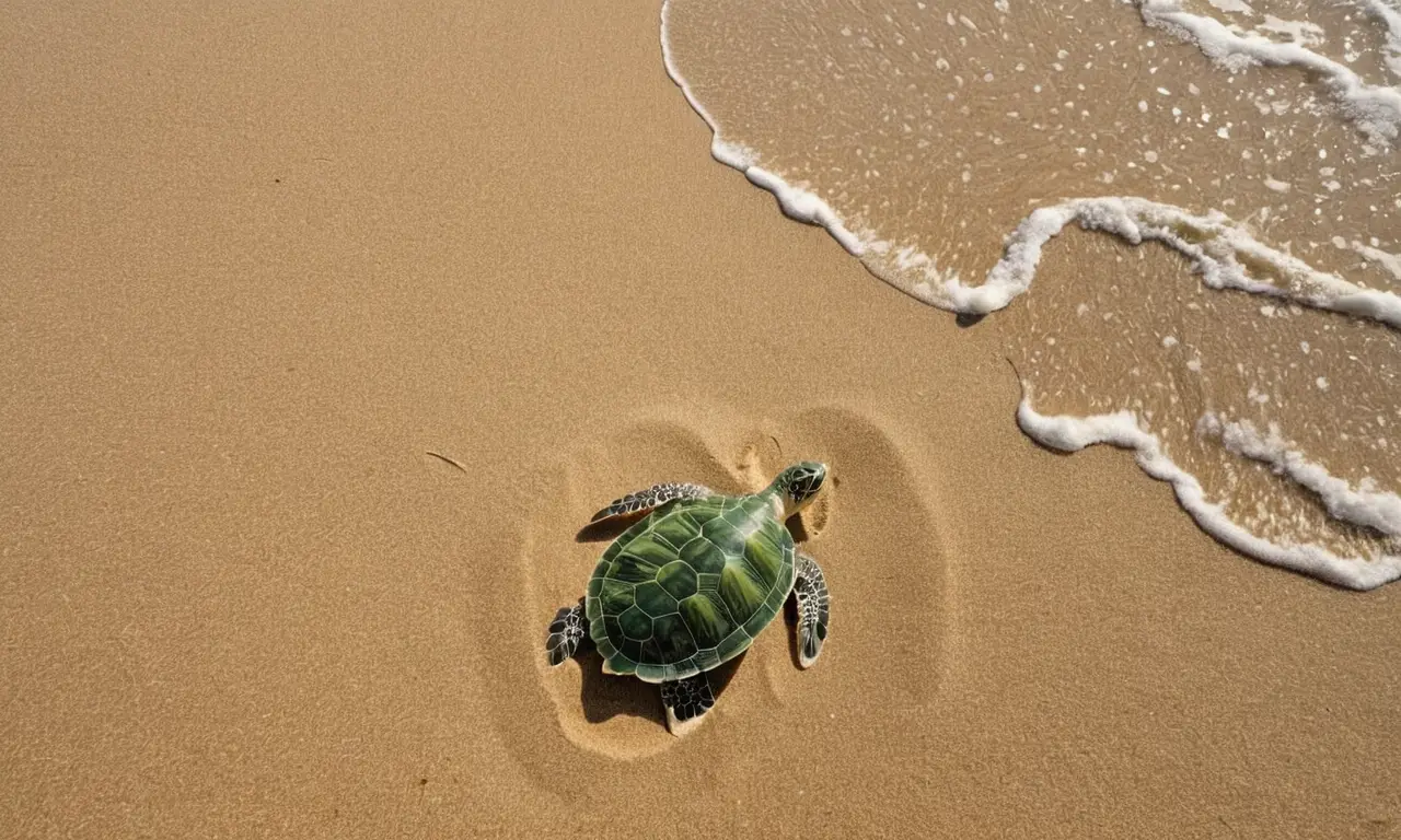 Playa soleada con tortuga y huevos