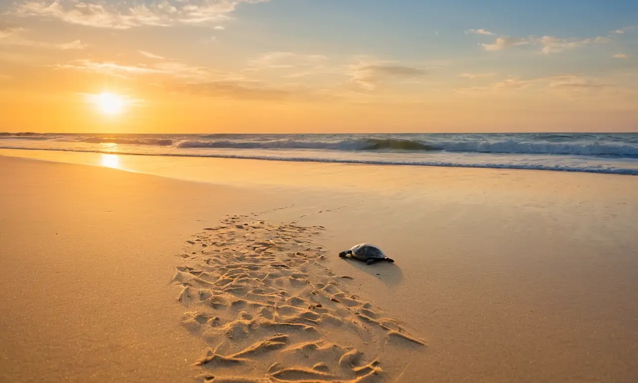 Playa al atardecer con huellas y tortugas