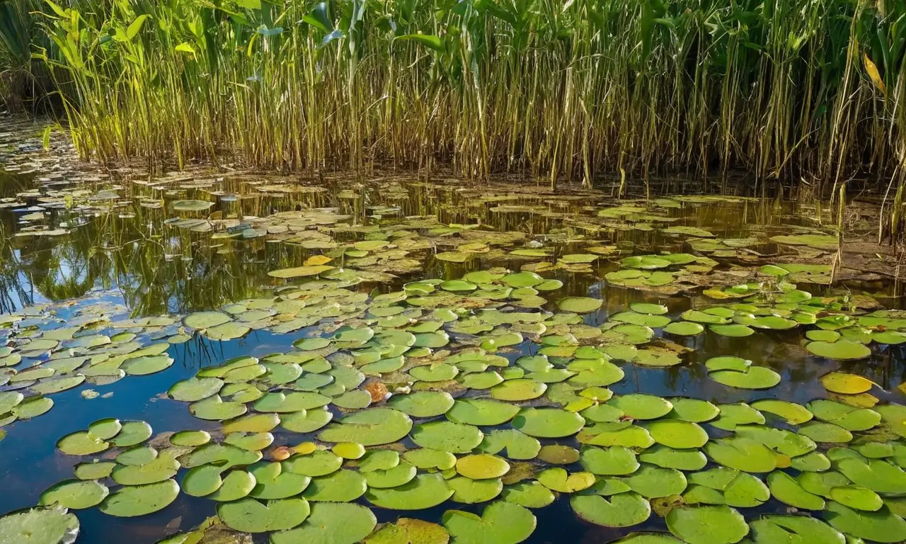 Humedales verdes con vida silvestre activa