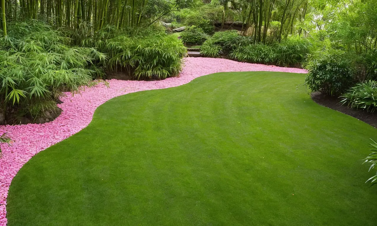 Jardín sereno con bambú, flores y agua