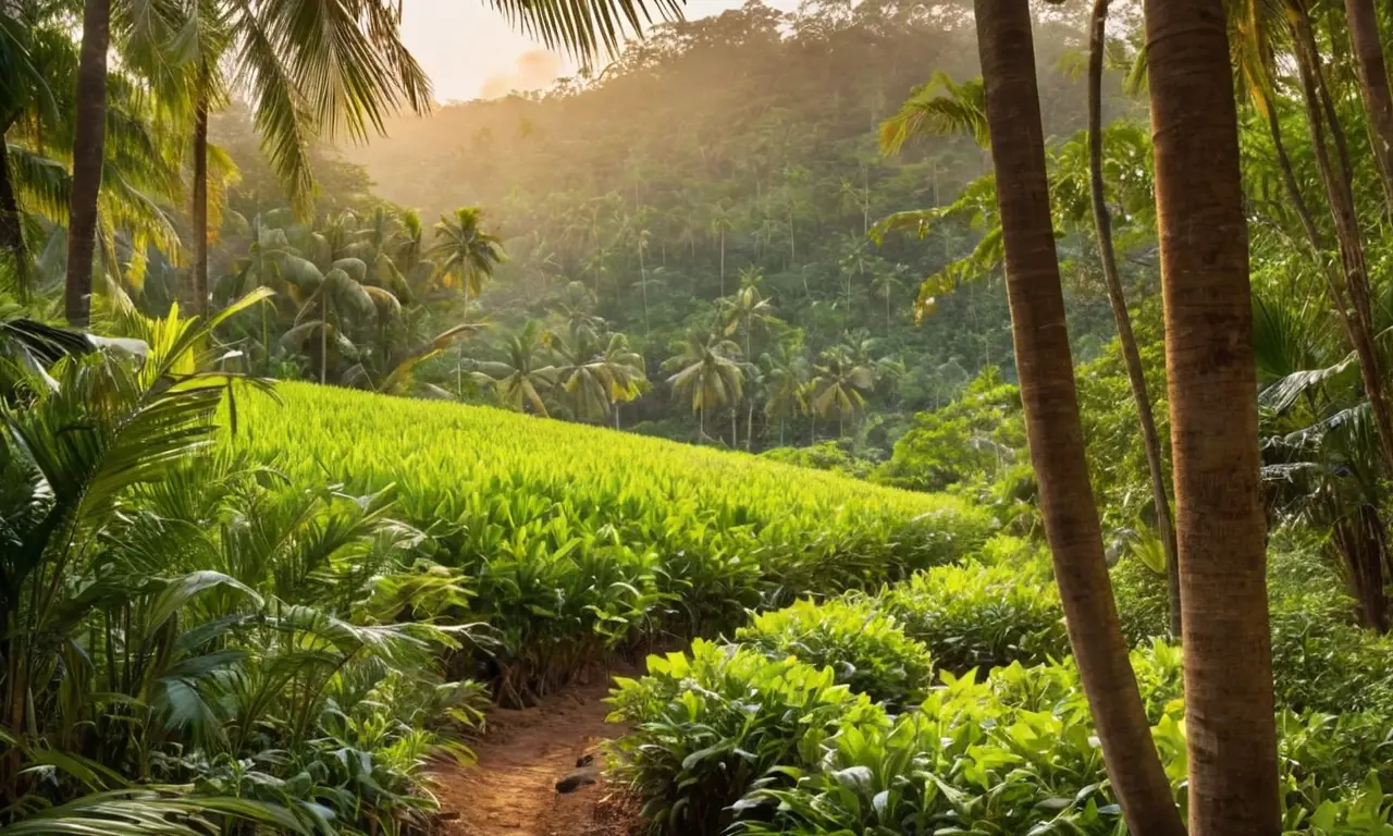Paisaje tropical vibrante con vida y cultivo