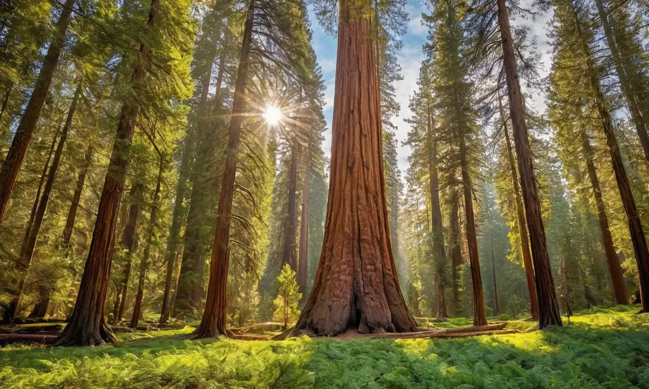 Secuoya imponente envuelta en luz y naturaleza