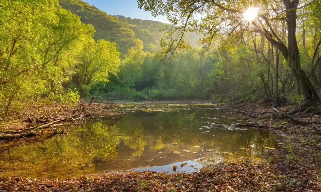 Bosque vibrante y contraste con tierras áridas