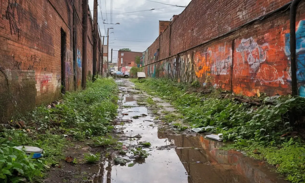 Entorno urbano deteriorado y descuidado con residuos