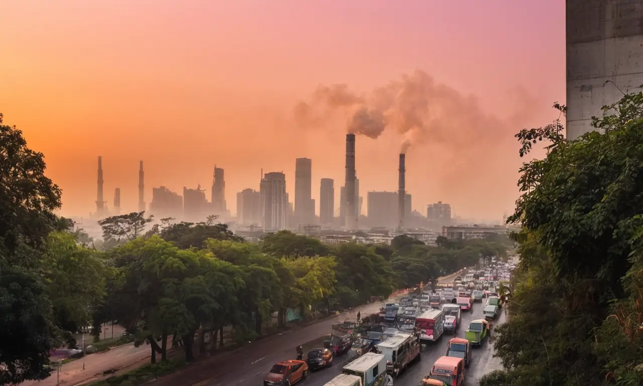Ciudad contaminada bajo un atardecer sombrío