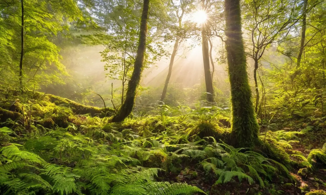 Bosque vibrante con agua y vida silvestre