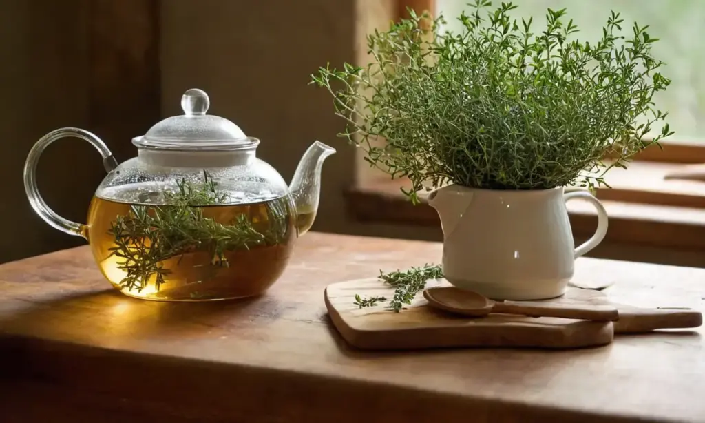 Mesa rústica con té y hierbas aromáticas