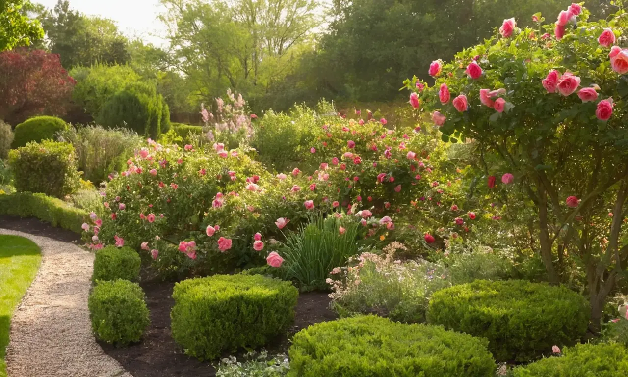 Jardín soleado con rosas y vegetación vibrante