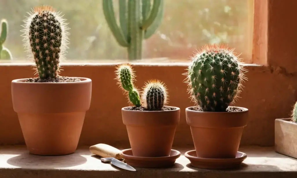 Banco de trabajo con cactus y herramientas