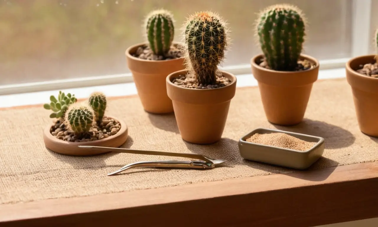 Mesa de madera con herramientas y cactús