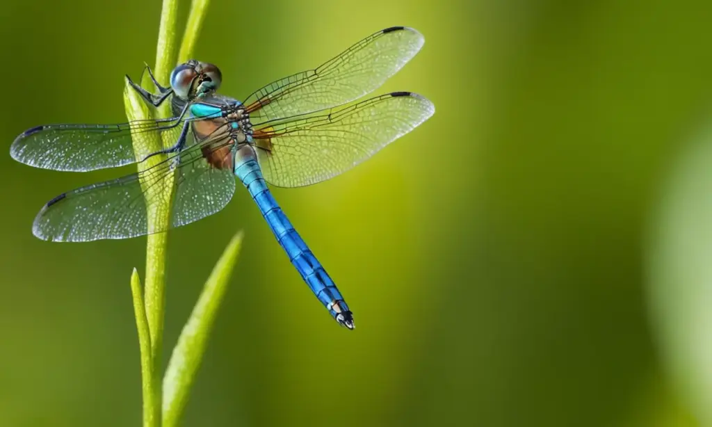 Libélula iridiscente reposa sobre hoja verde