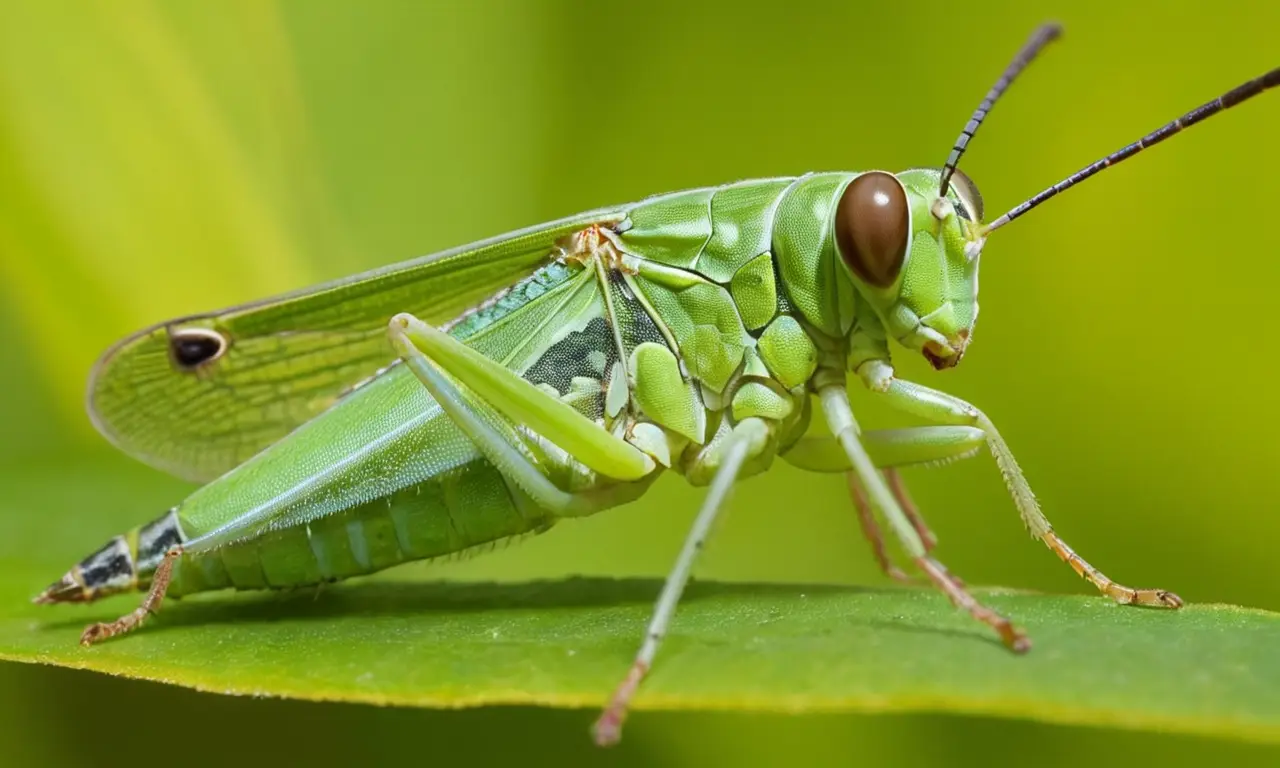 Saltamontes verde en hoja con detalles brillantes