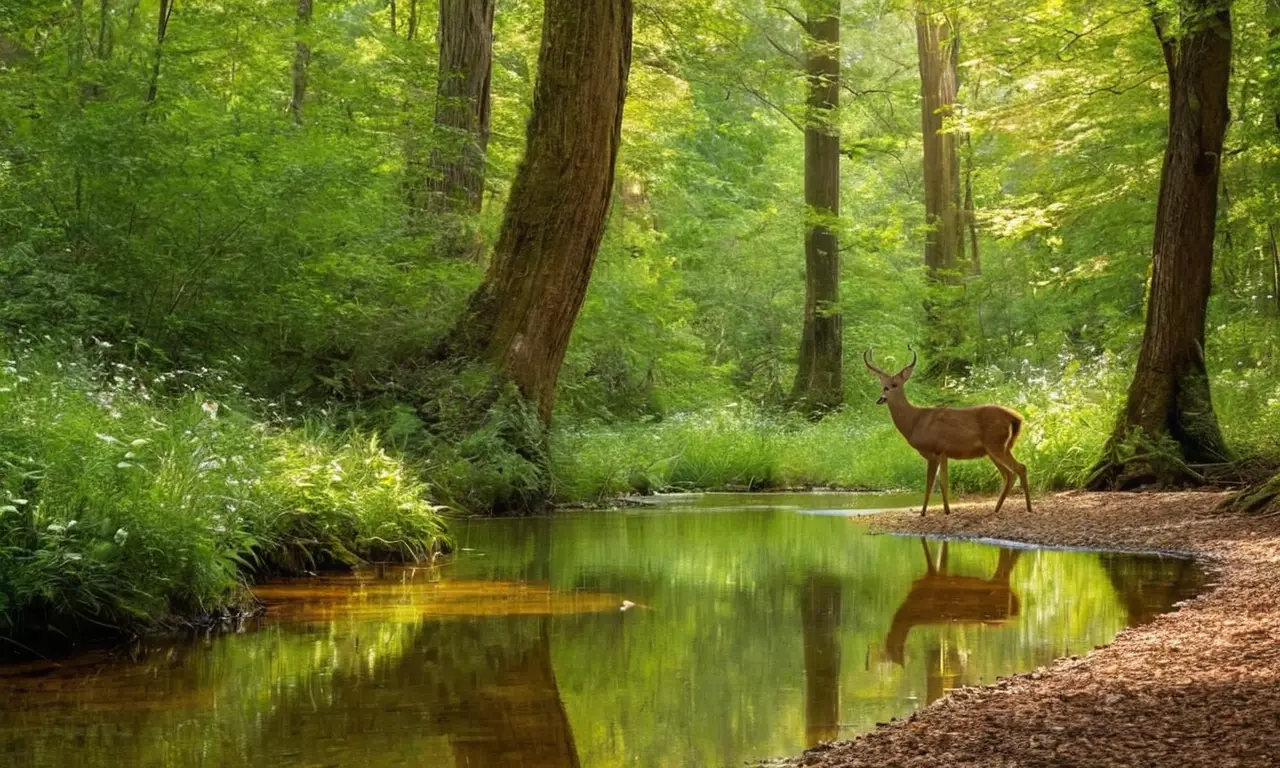 Escena forestal vibrante con ciervo y luz