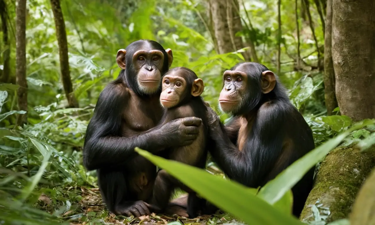 Chimpancés en un sereno entorno selvático