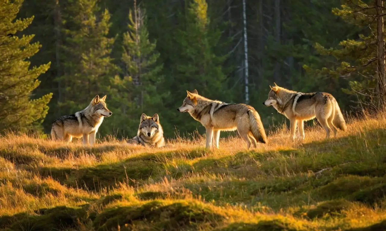 Wolves en un paisaje montañoso al atardecer