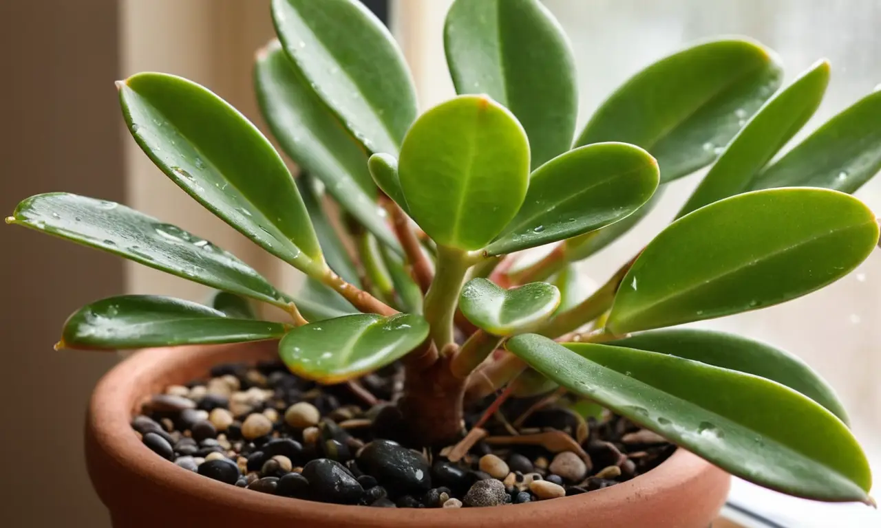 Planta de jade en maceta terracota iluminada