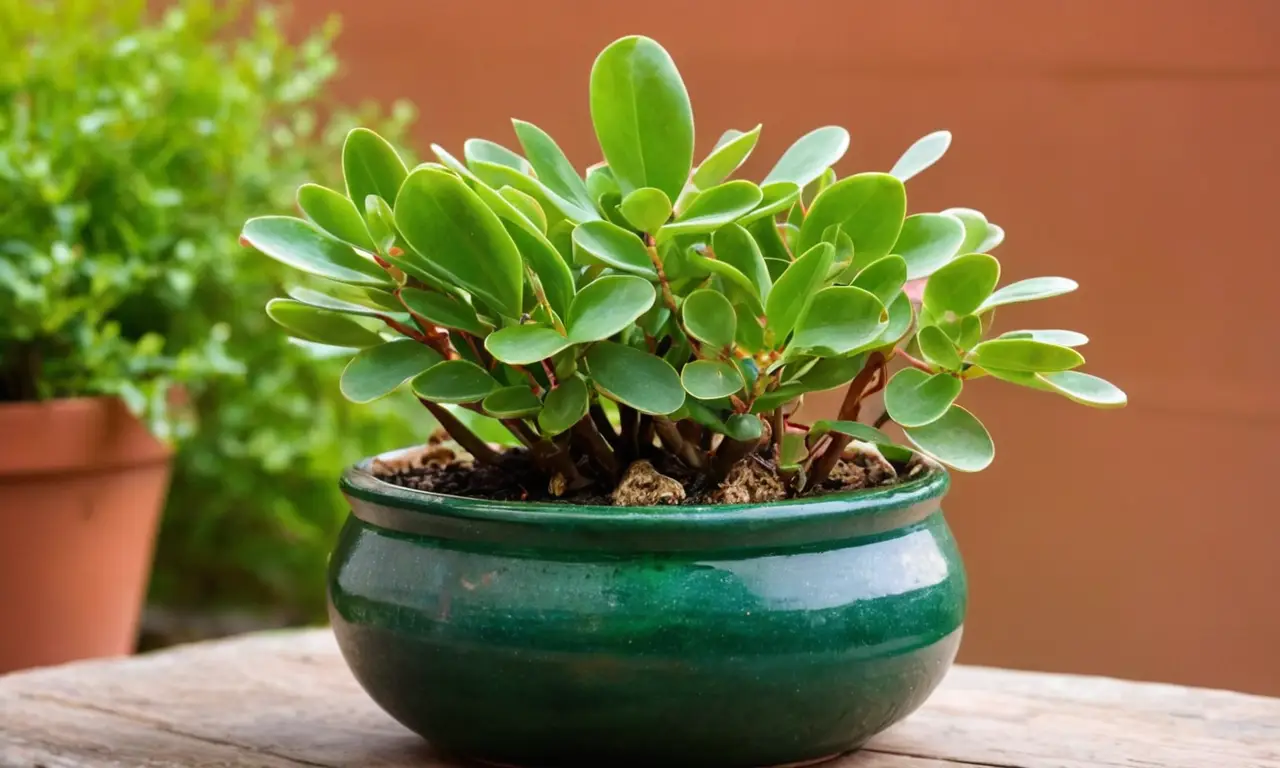 Planta jade verde brillante en maceta terracota