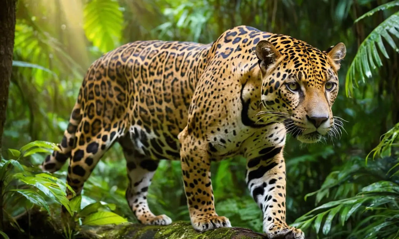 Jaguar majestuoso camina en selva exuberante
