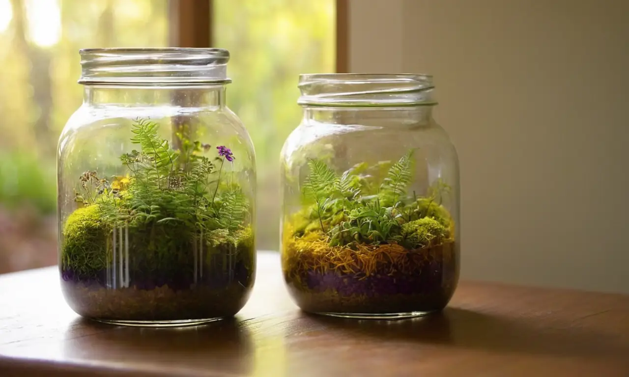Tarro de vidrio con luz y naturaleza