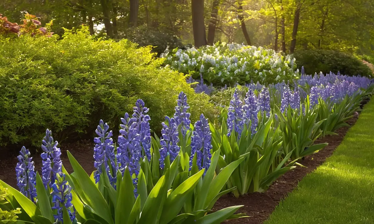Jardín sereno con flores azules brillantes