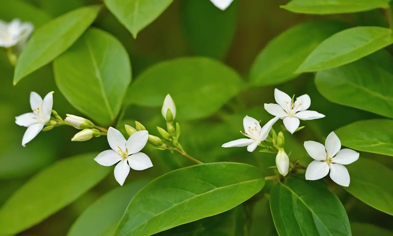 Jazmines blancos brillan en un jardín tranquilo