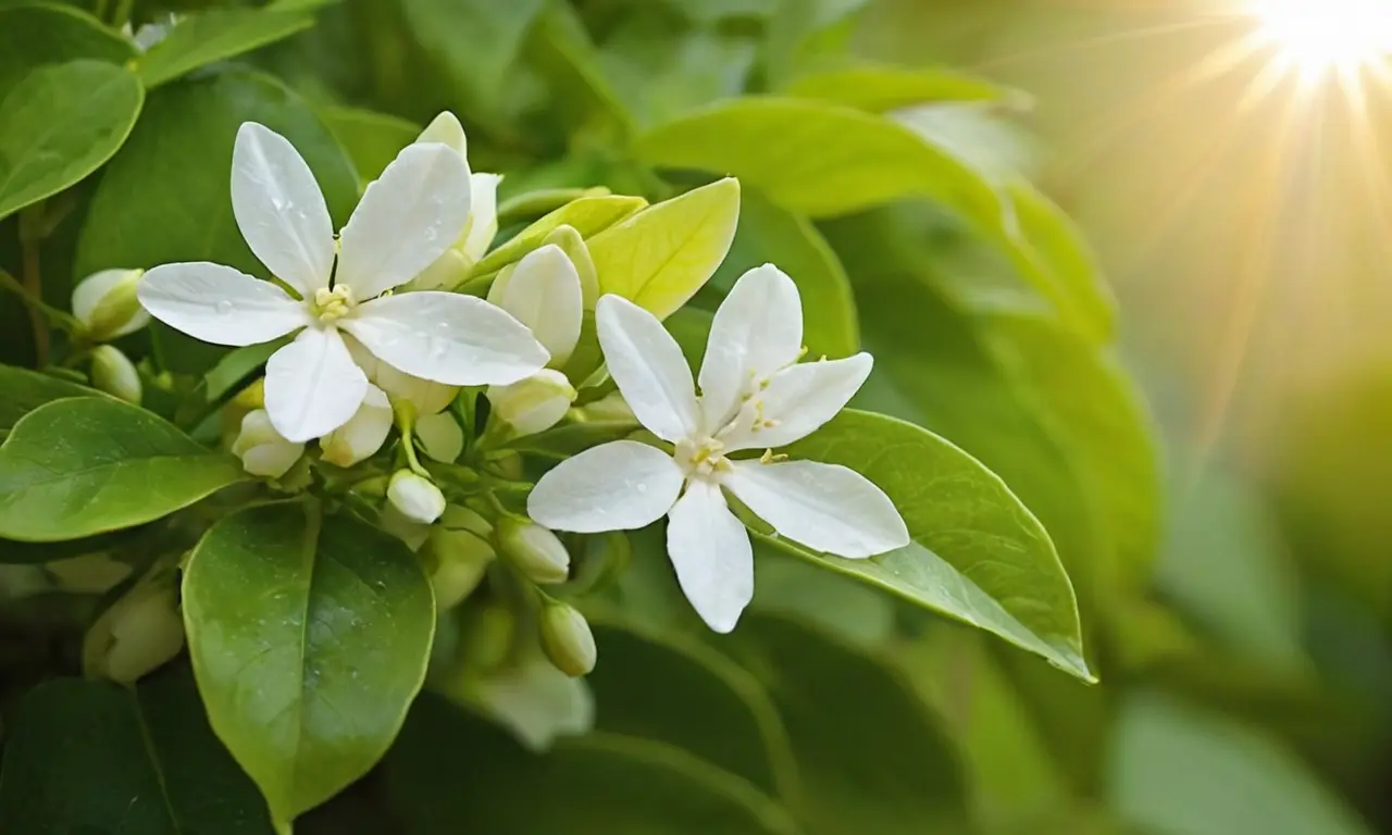 Jazmines blancos brillan entre hojas verdes