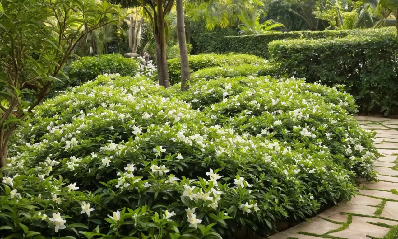 Jardín sereno con flores y hojas brillantes