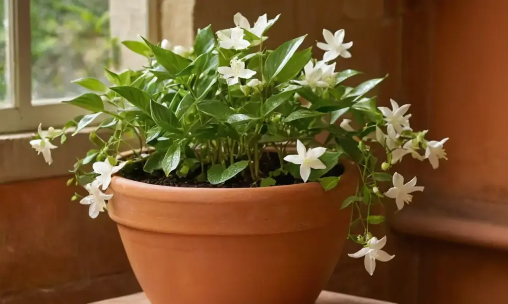 Planta de jazmín vibrante en terracota