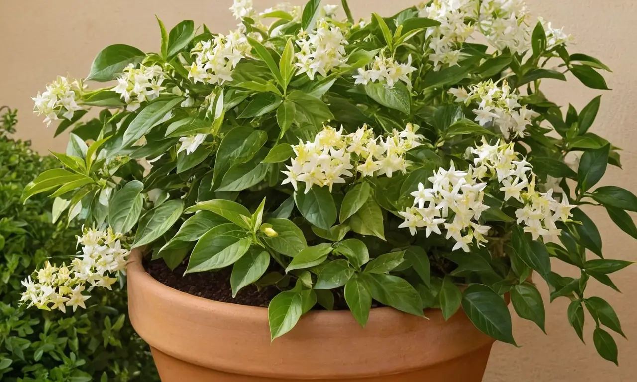 Jazmín en maceta terracota con flores