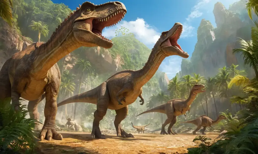 Un vibrante paisaje prehistórico lleno de dinosaurios