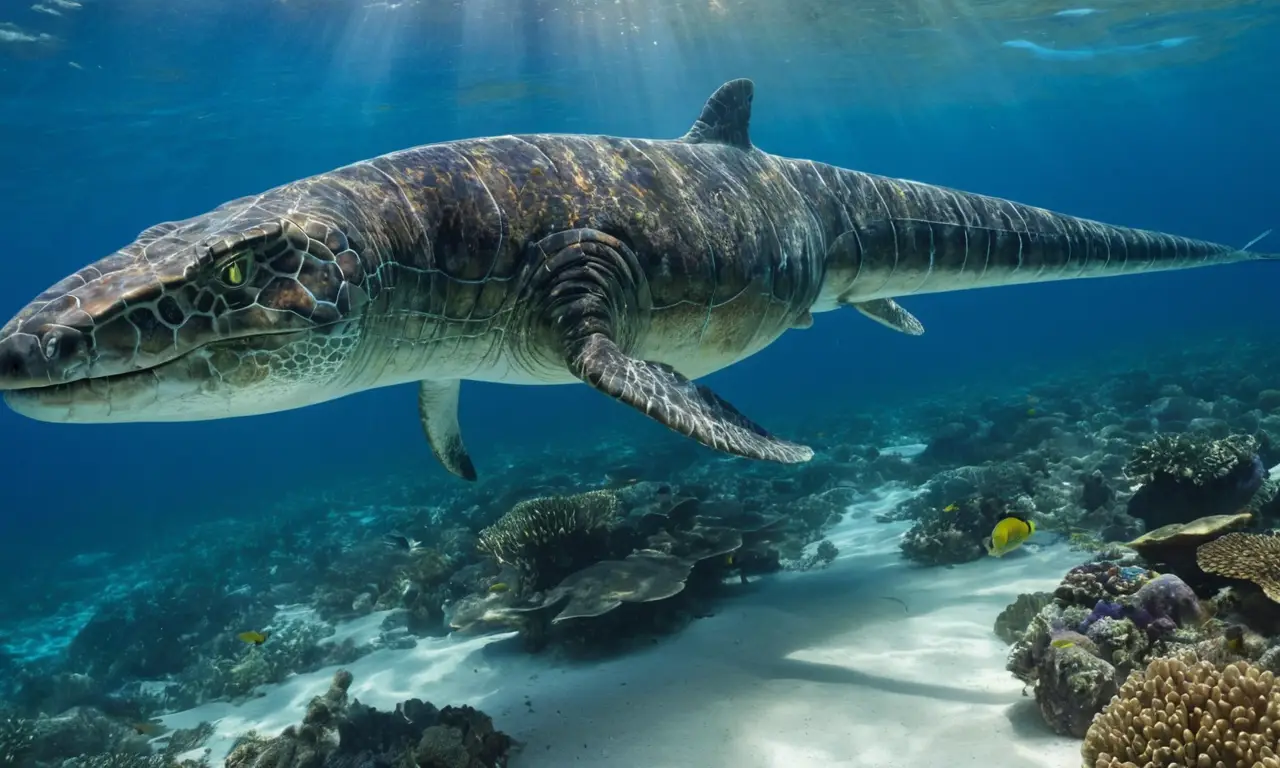 Mosasaurus majestuoso nada en aguas claras