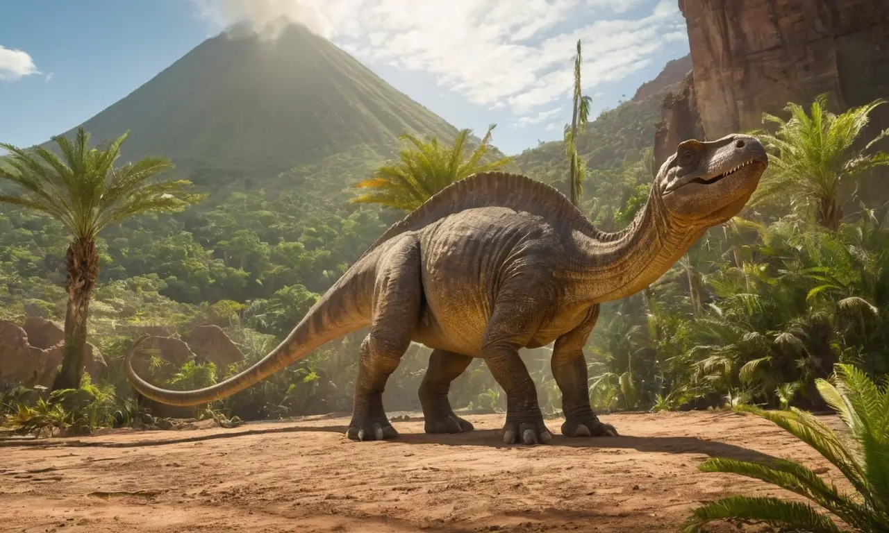 Un paisaje prehistórico con dinosaurios en acción