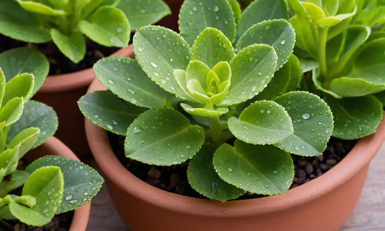 Close-up de una Kalanchoe iluminada