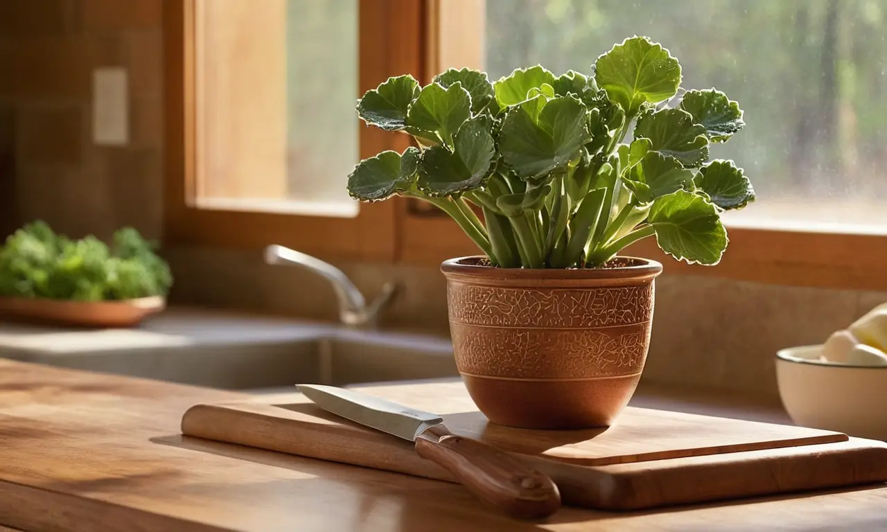 Cocina iluminada con Kalanchoe y naturaleza