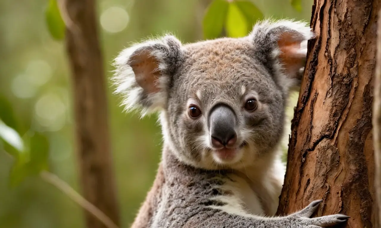 Koala alerta en un tronco de eucalipto