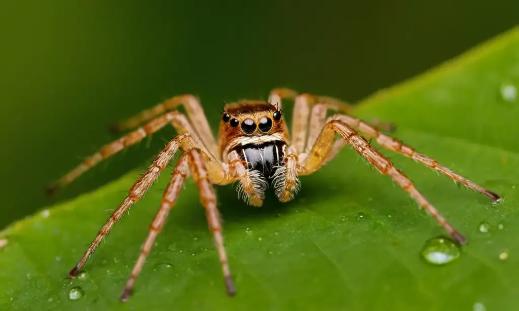 Araña colorida sobre hoja verde brillante