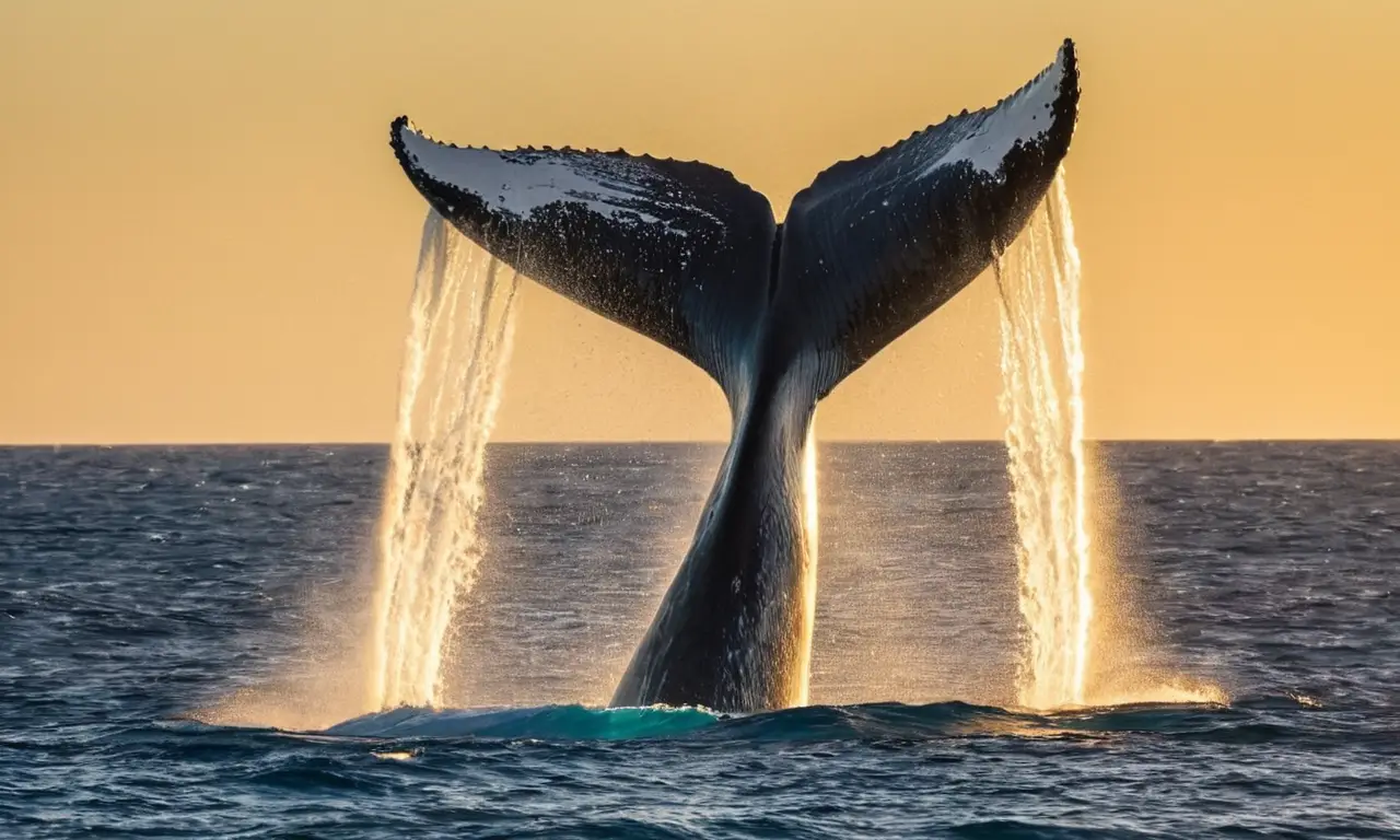 Ballena salta en aguas brillantes y vibrantes