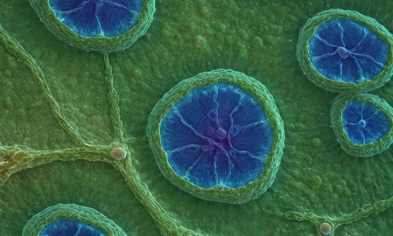 Célula dividiéndose con detalles microscópicos