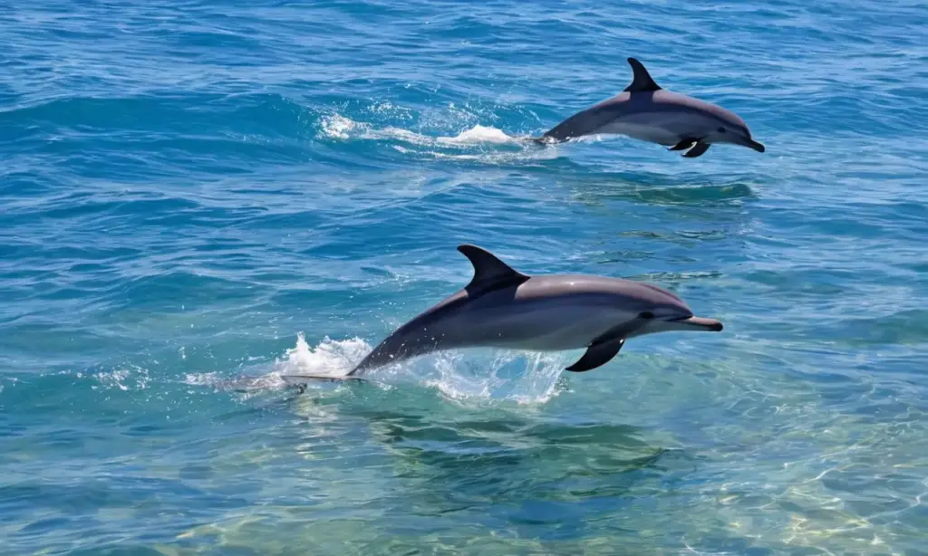 Delfines juegan en un océano sereno
