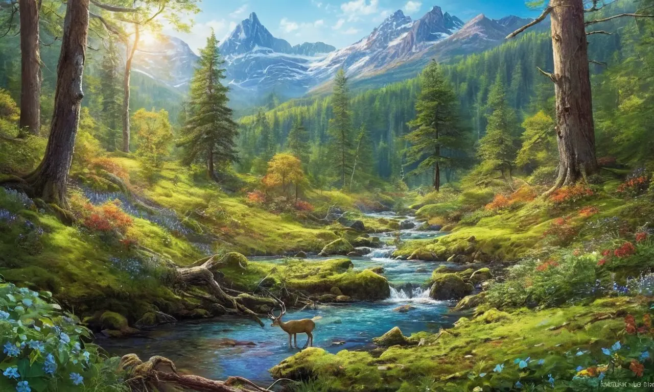 Escena forestal vibrante con flora y fauna